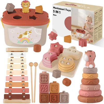 Productafbeelding van Montessori speelgoed, geschikt vanaf 6 maanden. 5-in-1 baby speelgoed, ideaal als cadeau voor een baby van 6 maanden