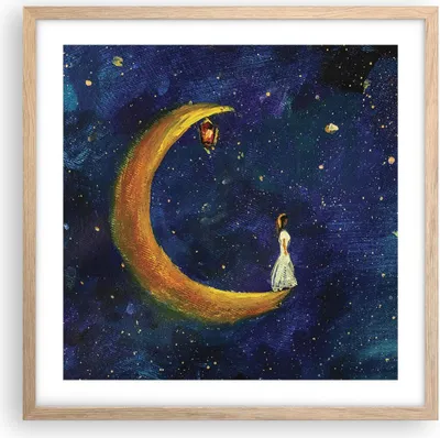Produktbild von Gerahmtes Poster - Rahmen in heller Eiche - Mädchen auf der Mond - 50x50 cm - Wand Bild - Wanddeko - Wandbilder - Kunstposter - Wandposter - Bilderrahmen - Bilder - Kunstdruck - P2NAC50x50-4575