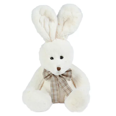 A plush toy rabbit with a bow tie, presented against a white background.