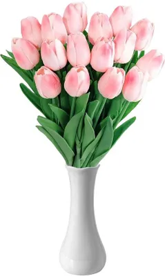 Produktbild von Unyqoos® 15er Set Kunsttulpen aus hochwertigem Latex mit Keramikvase, realistische Deko, pflegeleicht – ideal für Wohnzimmer, Büro & Hochzeit