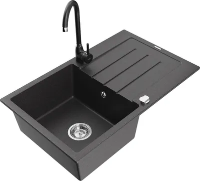Produktbild von Mexen Bruno 1 Becken-Granitspüle mit Abtropffläche und Mischbatterie Telma, Schwarz gesprenkelt - 6513-76-670200-70