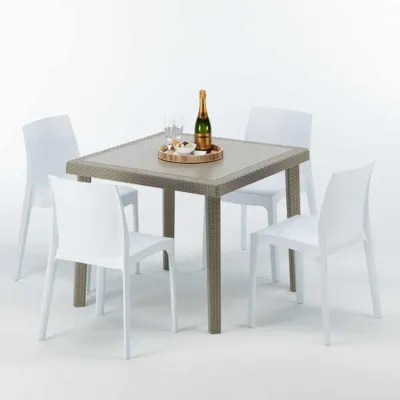Produktbild von Polyrattan Tisch Quadratisch mit 4 Bunten Stühlen 90x90 Beige Elegance