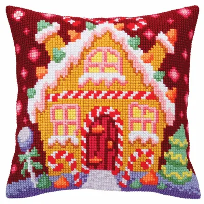 Produktbild von Kissenbezug im Kreuzstich-Design "Lebkuchenhaus", Artikelnummer 5392, 40x40 cm, mit vorgefertigtem Stickmuster