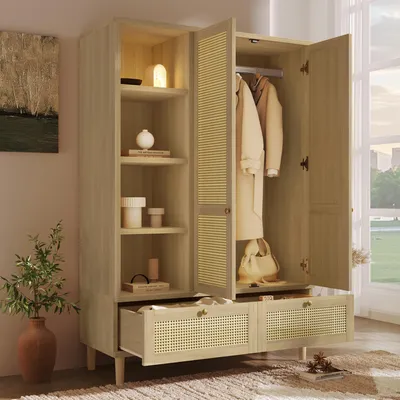 Produktbild von Abrihome Kleiderschrank mit 2 Türen und Rattan‑Flechten, Garderobenschrank mit 2 Schubladen für Wohnzimmer Schlafzimmer
