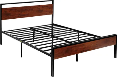 Produktbild von VEVOR Bettrahmen (Queen Size), Plattformbettrahmen aus Metall mit Kopf- und Fußteil aus braunem Holz im Retro-Stil, großer Stauraum unter dem Bett, rutschfest, kein Boxspring erforderlich