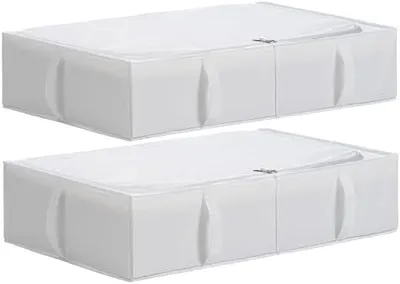 Produktbild von Unterbett Aufbewahrungsbox mit Deckel, Strapazierfähiger Stoff, Waschbar, Zusammenklappbar, Boxen Aufbewahrung für Kleidung, Decken, Bettwäsche, Schuhe, 70x42x18 cm, 2er-Pack, Weiß