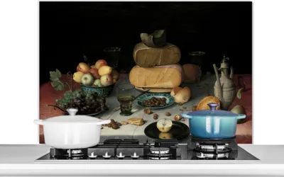 Produktbild von KitchenYeah®  Spritzschutz Küche - Küchenrückwand - Wandschutz für Herd und Spüle - Stilleben mit Käse - Kunstwerk - Alte Meister 100x65 - Alu-Dibond (Alternative zum Spritzschutz aus Glas) - Hitzebes
