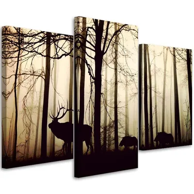 Produktbild von Triptychon auf leinwand waldtiere 60x40 cm Feeby braun wandbild bereit zum aufhängen