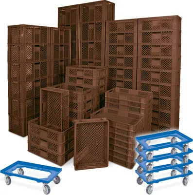 Produktbild von 78 Stück Stapelkörbe/Bäckerkästen in 5 Größen, Grundmaß LxB 600 x 400 mm, H 90 mm, 150 mm, 240 mm, 320 mm, 410 mm, Farbe braun + 5x Transportroller, blau