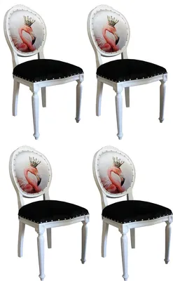 Produktbild von Casa Padrino Luxus Barock Esszimmer Set Flamingo mit Krone Weiß / Schwarz / Mehrfarbig 48 x 50 x H. 98 cm - 4 handgefertigte Esszimmerstühle mit Bling Bling Glitzersteinen - Barock Esszimmermöbel