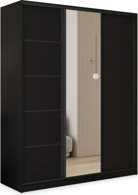 Produktbild von Masseno Schiebetürenschrank PINA 160/205/58 cm Kleiderschrank mit 4 Schubladen Schlafzimmer Schrank 3-türig mit Spiegel Schwarz