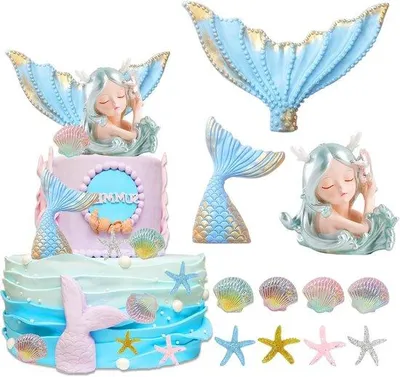 Image de Mini ensemble de jouets sirène - Décoration de gâteau pailletée - Décoration de gâteau « Joyeux anniversaire » sur le thème de la sirène pour une baby shower de fille - Articles de fête sur le thème de la sirène