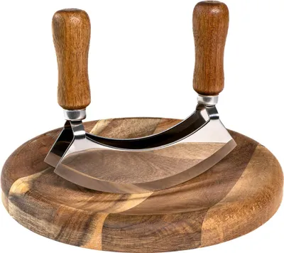 Produktbild von Intirilife Wiegemesser mit Schneidebrett - Kräutermesser 13.5 x 2.4 x 13 cm mit Kräuterbrett 20 x 2.1 cm - Mezzaluna Biegemesser mit 2 Klingen für Kräuter und Gewürze