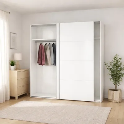Image de Portlouis - Armoire 2 Portes, 182x220h cm Blanc Brillant, Penderie