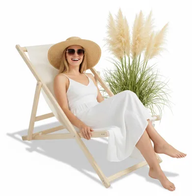 Immagine prodotto di Mucola sedia da spiaggia pieghevole sedia a sdraio in legno sedia a sdraio da giardino sedia a sdraio pieghevole - beige
