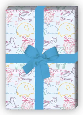 Produktbild von Buntes Kinder Geschenkpapier mit wilden Tieren, hellblau - G11895, 32 x 48cm