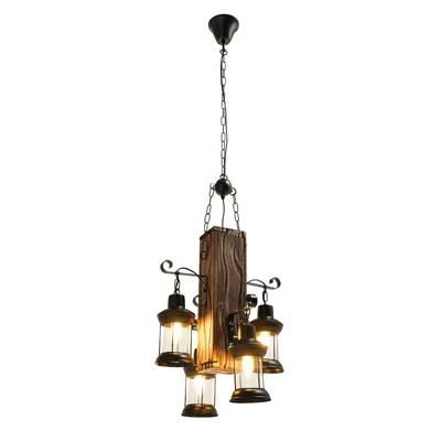 Produktbild von 4 Lichter Retro Pendelleuchte Holz Metall E27 Kronleuchter Antik Vintage Hängelampe Industrielle Pendellampe (Braun) für Loft Bar Schlafzimmer Wohnzimmer Flur