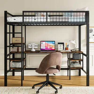 Produktbild von okwish  Etagenbett, Kinderbett Jugendbett Eisenbett, Mit Tisch und Regal, Mit vierstufiger Leiter, , Schwarz+ Holzfarbe, 90x200cm  ohne Matratze