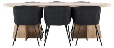 Productafbeelding van Bootcut eethoek tafel 115x230cm en 6 fluwelen stoelen met armleuningen naturel.