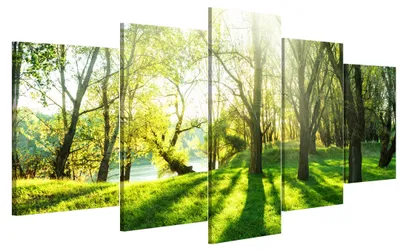 Produktbild von LUMASOUL Leinwand Bilder 5-teilig - Leinwandbild Natur Motiv - Wandbilder Holzrahmen und Webstuhl Wohnzimmer und Schlafzimmer - Bilder 150x75 cm Wald 06