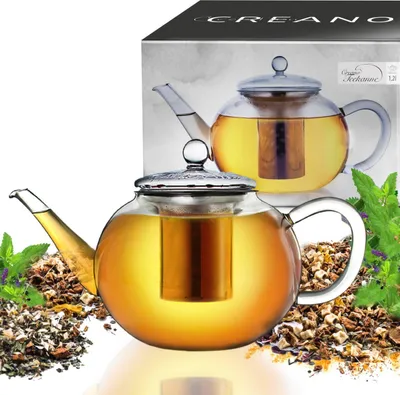 Produktbild von Creano Teekanne aus Glas 1,2l, 3-Teilige Glasteekanne mit Integriertem Edelstahl-Sieb und Glas-Deckel, Ideal zur Zubereitung von Losen Tees, tropffrei, All-in-One