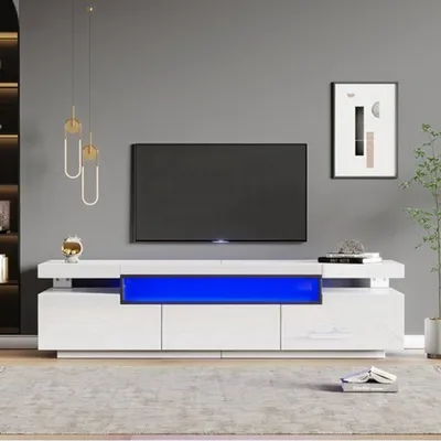 Obrázok produktu pre TV komoda, lesklá biela, 160 cm, s RGB LED osvetlením – štíhla mediálna komoda pre 70-palcové televízory