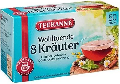 A box of Teekanne 8 Kräuter herbal tea.