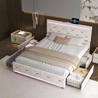 Image de Lit Double 140x200cm Avec Tiroirs Et Rangements, Sommier à Lattes, Fonction Chargement USB, Beige