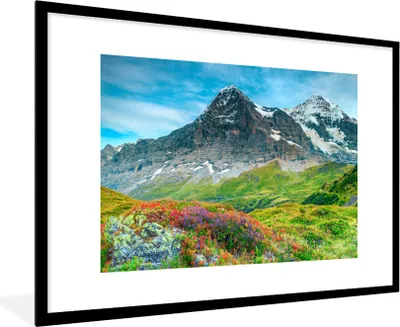 Produktbild von MuchoWow® Gerahmtes Poster Blumen - Berge - Schnee - Landschaft 90x60 cm - Poster mit Schwarzem Bilderrahmen Wandposter Rahmen Foto Bilder - Wanddekoration - Fotos
