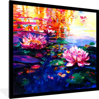 Produktbild von MuchoWow® Gerahmtes Poster Gemälde - Öl - Seerose - Wasser 40x40 cm - Poster mit Schwarzem Bilderrahmen Wandposter Rahmen Foto Bilder - Mit Rahmen - Wanddekoration Schlafzimmer