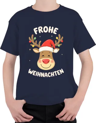 Produktbild von Frohe Weihnachten Rentier Weihnachtsmütze Cartoon Kinder Lustig Uni Kinder T-Shirt, Navy, 128