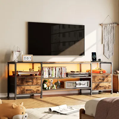 Produktbild von TV-Schrank mit Steckdosen,Hochglanz Board Schrank Fernsehtisch Lowboard Kommode mit LED Beleuchtung und Schubladen,TV Möbel für Wohnzimmer 160x40x59cm
