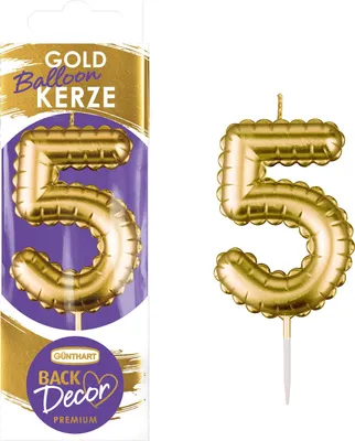 Produktbild von Backdecor Wachskerze gold in Ballon Form mit der Nr. 5 für festliche Tortendekorationen
