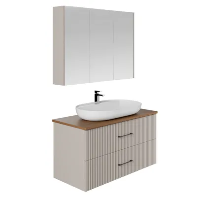 Produktbild von Badmöbel Set Liana Konsole 100 Walnuss | Waschbecken Waschtisch | Spiegelschrank