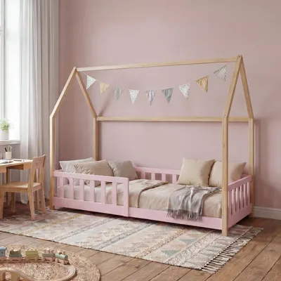 Produktbild von Hausbett ‘Hesel’ für Kinder mit Rausfallschutz 90 x 200 cm Kiefernholz Rosa/Natur