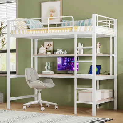 Produktbild von STILVORA Hochbett 90x 200cm Jugendbett mit Geländer&Trittleiter,Mit USB- und Stromanschluss,mit LED-Leuchten&Schreibtisch,Weiß (ohne Matratze)