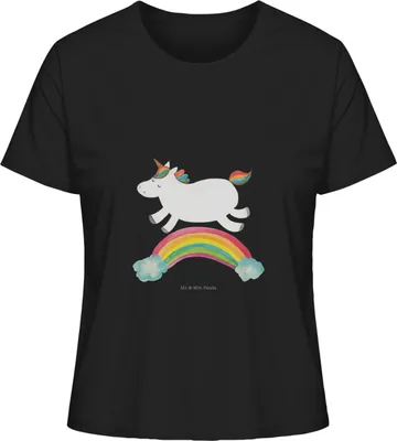 Produktbild von Mr. & Mrs. Panda Damen Kurzarmshirt Einhorn Regenbogen Größe S - Schwarz - Geschenk, Erwachsenwerden, Glitzer, Baumwoll T-Shirt, Oberteil, Basic Shirt, Unicorn