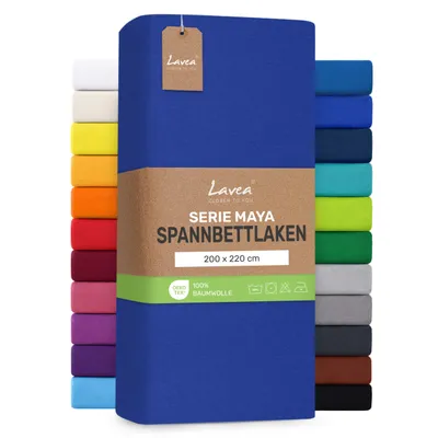 Zdjęcie produktu dla Lavea® Pościel na materac z gumką, 200x220 cm, wzór Maya, 100% bawełna, przeznaczona do łóżek z materacem sprężynowym, łóżek wodnych, oddychająca, pasuje do materacy o grubości do 35 cm - kolor granatowy