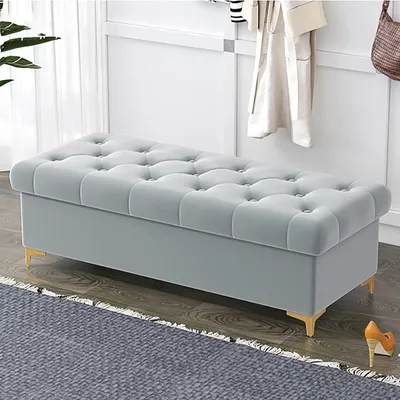 Obrázek produktu pro Nohy na posteli a sedací lavice s úložným prostorem, moderní úložné boxy sloužící jako sedací prvky do ložnice, sametově čalouněná lavice umístěná na konci postele, zelená barva, rozměry 80x40x40 cm (31x)