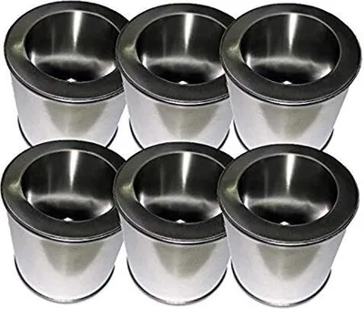 Six identical metal containers arranged in two rows of three.