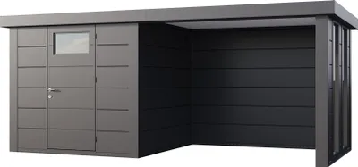 Produktbild von Telluria Metallgerätehaus Classico 2424 mit Lounge Anbau inkl. 2 Fenster granitgrau/anthrazit Lounge-Anbau rechts