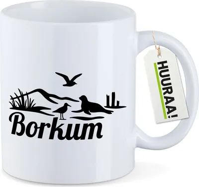 Produktbild von Huuraa Kaffeetasse Borkum Strandmotiv 330ml Weiß Keramik Kaffeebecher Geschenkidee