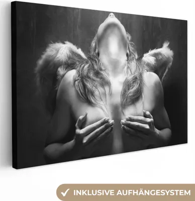 Produktbild von MuchoWow® - Leinwandbilder - Frau - Engel - Federn - Porträt - Schwarz-Weiß, Wandbild, Wanddeko Bilder Wohnzimmer, 120x80 cm