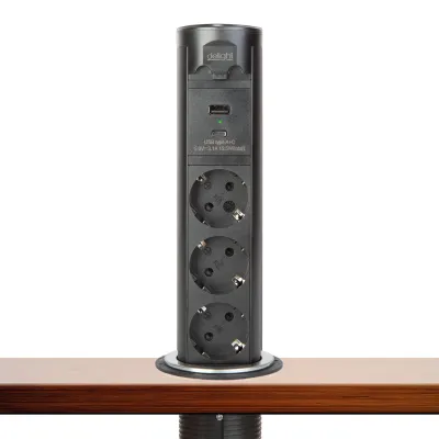 Zdjęcie produktu dla Gniazdko chowane czarne – listwa gniazdek podtynkowych z 3 gniazdkami, USB-A i USB-C – zasilanie silnikowe, zabezpieczenie przed dziećmi [20453B]