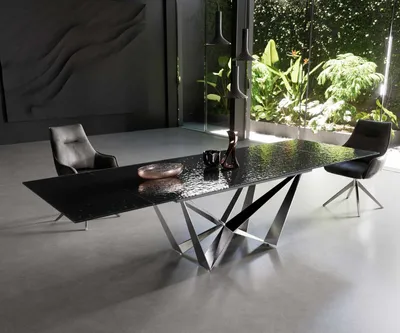 Produktbild von DELIFE Esstisch Edge 200-300x100 Reliefglas Rauchschwarz 3D-Design Spider Flachstahl Edelstahl ausziehbar