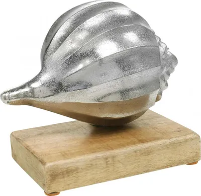 Produktbild von Muschel aus Metall, Maritime Dekoration Tischdekoration Vintage Silber Holzsockel H15cm B18,5cm