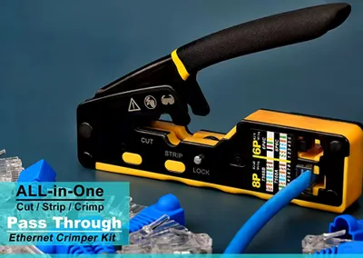 Produktbild von Netzwerk Kabel Crimper Zange Ratsche Modular Crimp Werkzeug Datenkabel Farbe Schwarz Gelb Ethernet LAN 6 & 8 Pin RJ45 Cat 6a