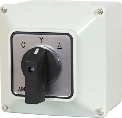 A white industrial switch in a white enclosure, with a black rotary handle and a silver faceplate showing positions labeled '0', 'Y', and a triangle symbol.