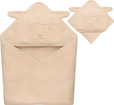 Produktbild von Lionelo Musselintuch mit Kapuze für Babys Muslin Hooded Towel 80x80 cm, Feine Stoffe, Kapuze mit gesticktem Tier - Hellbeige