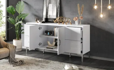Produktbild von Sideboard - Anrichte - 150×38×59,5 cm - 4 Schubladen & 2 Türen - Hochglanz - Freistehend - Holzrahmen - Weiß